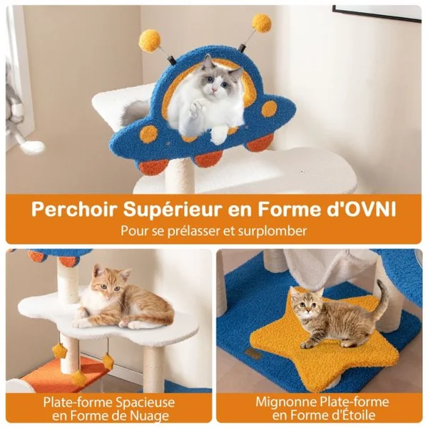 124 CM Arbre à Chat sur le Thème de l'Espace avec Perchoir en Forme d'UFO Capsule Spatiale Poteaux à Gratter en Sisal Bleu