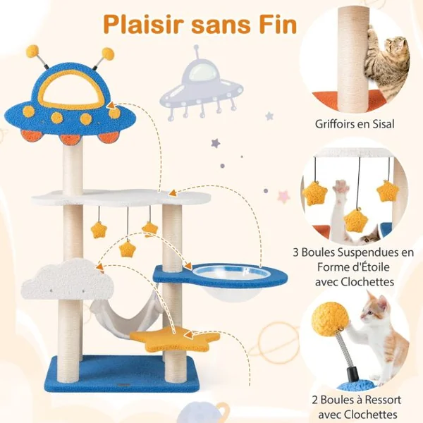 124 CM Arbre à Chat sur le Thème de l'Espace avec Perchoir en Forme d'UFO Capsule Spatiale Poteaux à Gratter en Sisal Bleu