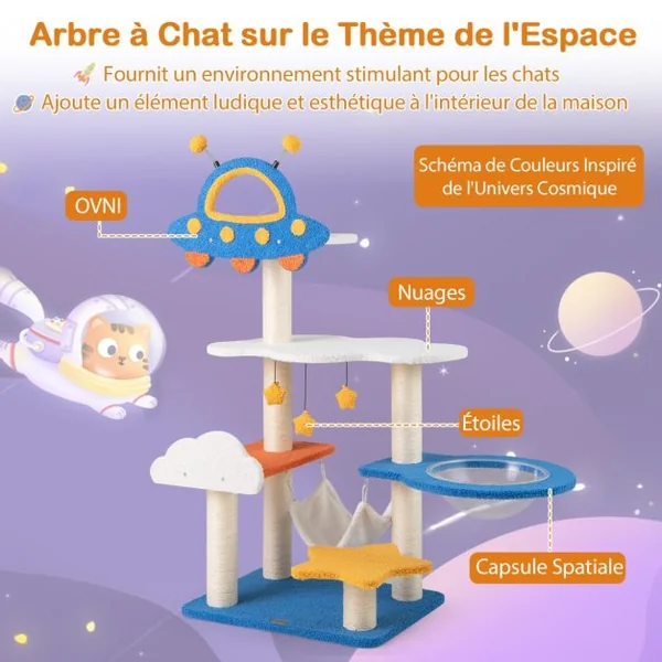 124 CM Arbre à Chat sur le Thème de l'Espace avec Perchoir en Forme d'UFO Capsule Spatiale Poteaux à Gratter en Sisal Bleu