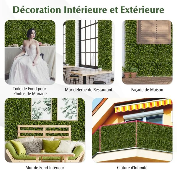 12 Panneaux Muraux en Gazon Artificiel 50 x 50 cm Panneaux de Buis avec Surface Texturée Incurvée et Epaisseur de 7 cm Haie d'Intimité