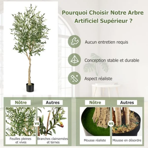 1/2 Plantes Artificielles Fausse Olivier en Pot H-182 cm Feuilles en Soie Décoration pour Intérieur/Extérieur