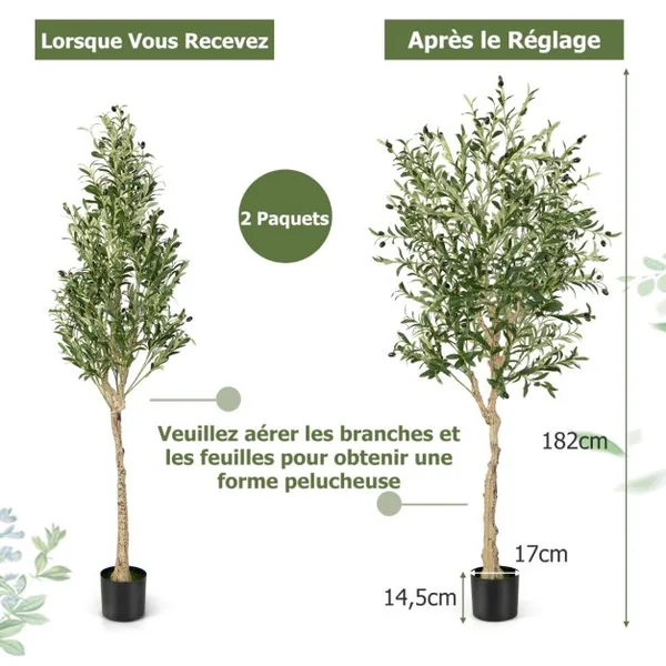 1/2 Plantes Artificielles Fausse Olivier en Pot H-182 cm Feuilles en Soie Décoration pour Intérieur/Extérieur