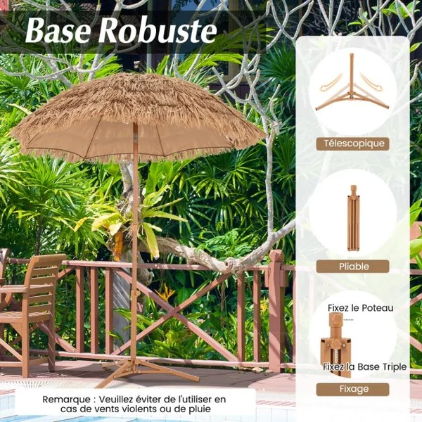 200 CM Parasol avec Pied Pliant Parasol de Plage Style Hawaïen avec Inclinaison à Bouton-Poussoir Sac de Transport Parasol Portable Naturel