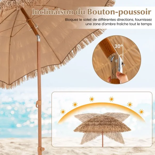 200 CM Parasol avec Pied Pliant Parasol de Plage Style Hawaïen avec Inclinaison à Bouton-Poussoir Sac de Transport Parasol Portable Naturel
