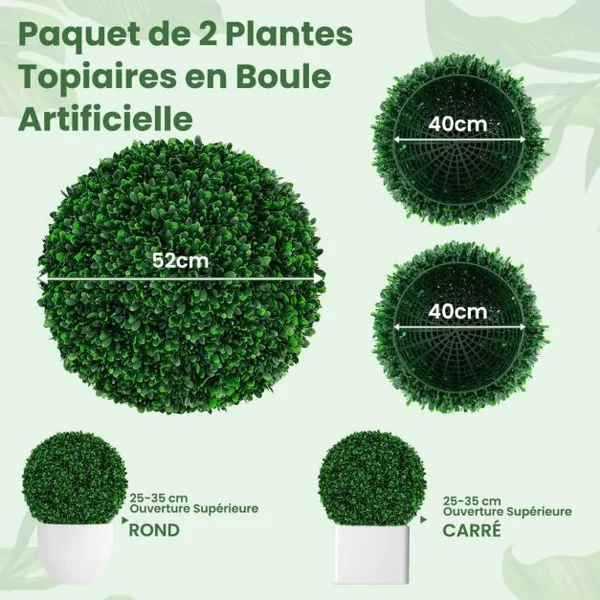 2 Boules de Buis Artificielles 52 cm Résistantes aux UV Plantes en Boules de Faux Topiaire Artificielles Décoratives pour Jardin