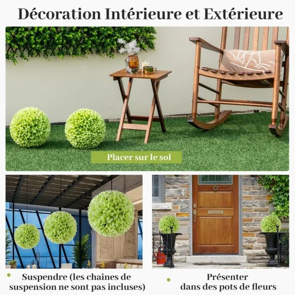 2 Boules de Buis Artificielles de 28 cm avec des Fleurs Plantes de Faux en Boules à Suspendre ou Poser Sphère de Jardin Décoratives Rose/Vert
