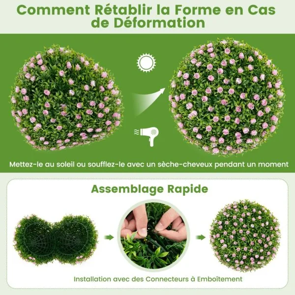 2 Boules Topiaires Artificielles 37 cm avec des Fleurs Rose Plantes de Faux en Boules à Suspendre ou Poser Sphère de Jardin Décoratives