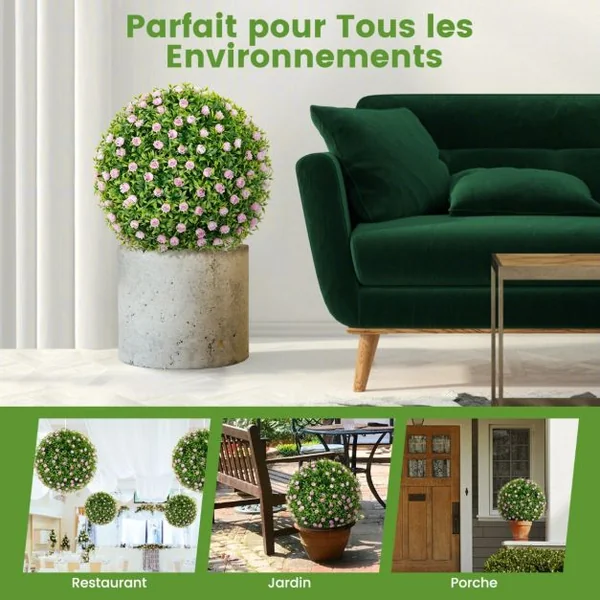 2 Boules Topiaires Artificielles 37 cm avec des Fleurs Rose Plantes de Faux en Boules à Suspendre ou Poser Sphère de Jardin Décoratives