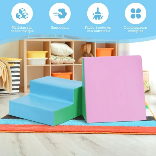 2 PCS Blocs de Construction en Mousse pour Tout-petits Antidé Jeu Educatif pour Grimper Glisser Ramper Rosé/Blanc/Bleu
