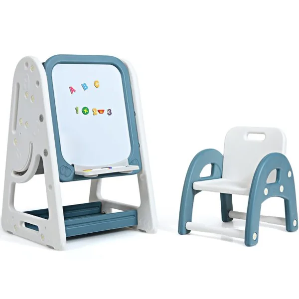 2en1 Tableau Magnétique Enfant Double Face avec Tabouret Etagère de Livres Hauteur Réglable Blanc et Rose/Bleu/Gris