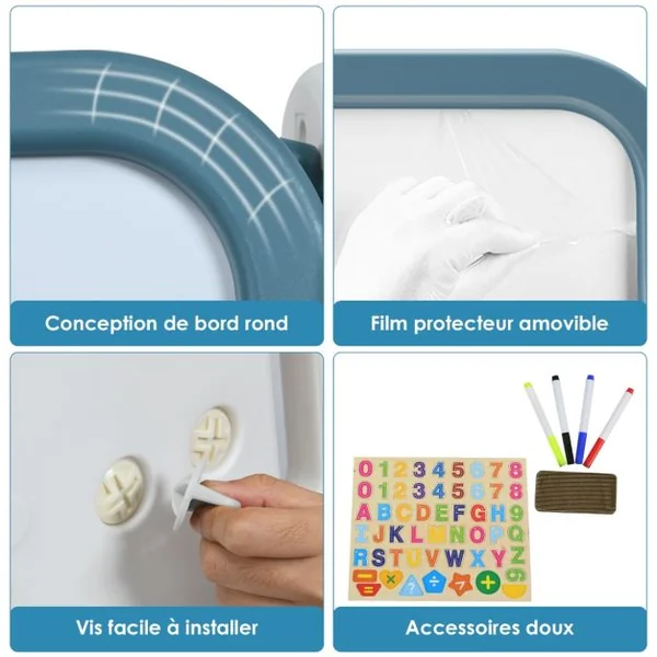 2en1 Tableau Magnétique Enfant Double Face avec Tabouret Etagère de Livres Hauteur Réglable Blanc et Rose/Bleu/Gris