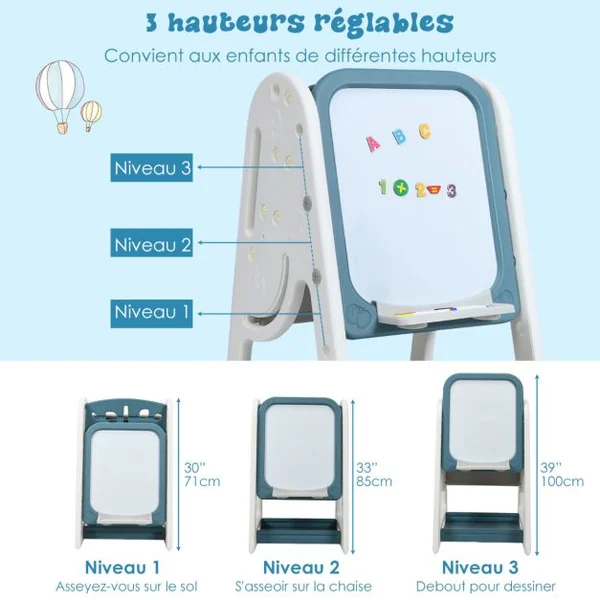 2en1 Tableau Magnétique Enfant Double Face avec Tabouret Etagère de Livres Hauteur Réglable Blanc et Rose/Bleu/Gris