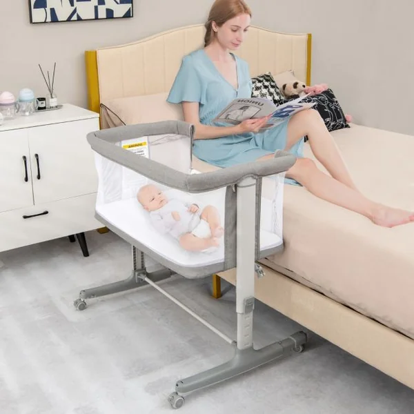 3 en 1 Lit Cododo Bébé avec Matelas&5 Hauteur Réglable avec Inclinaison 3-8°4 Roues Charge 9kg pour 0-6 Mois 84x48x80cm Beige/Gris Clair/Foncé