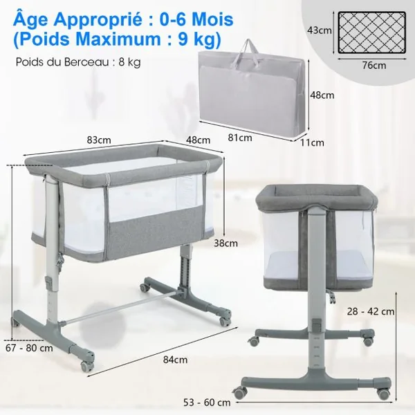 3 en 1 Lit Cododo Bébé avec Matelas&5 Hauteur Réglable avec Inclinaison 3-8°4 Roues Charge 9kg pour 0-6 Mois 84x48x80cm Beige/Gris Clair/Foncé