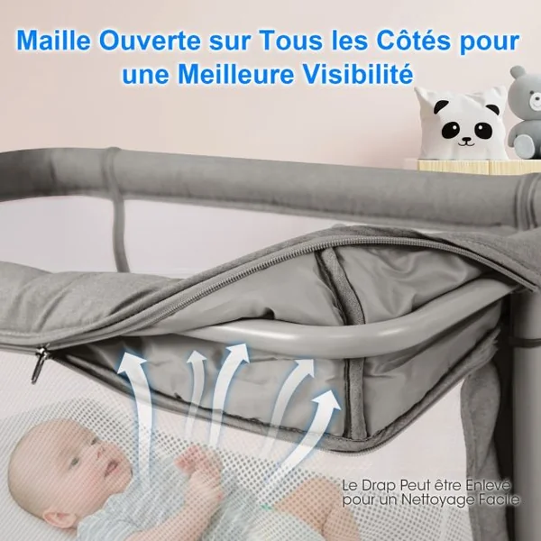 3 en 1 Lit Cododo Bébé avec Matelas&5 Hauteur Réglable avec Inclinaison 3-8°4 Roues Charge 9kg pour 0-6 Mois 84x48x80cm Beige/Gris Clair/Foncé