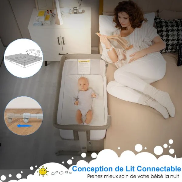 3 en 1 Lit Cododo Bébé avec Matelas&5 Hauteur Réglable avec Inclinaison 3-8°4 Roues Charge 9kg pour 0-6 Mois 84x48x80cm Beige/Gris Clair/Foncé
