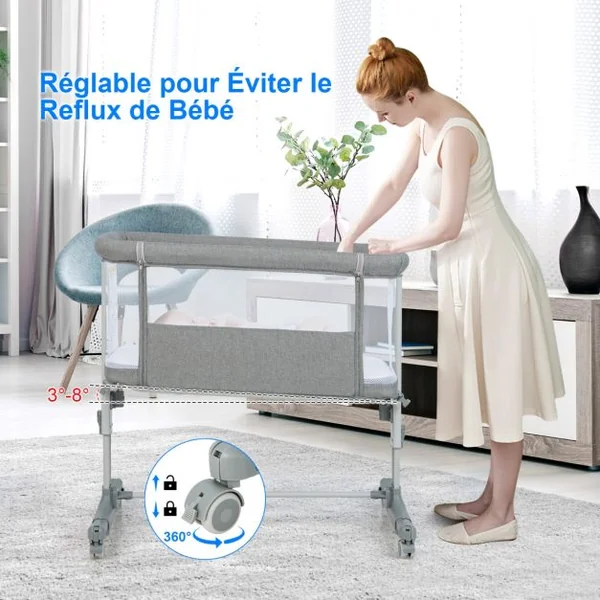 3 en 1 Lit Cododo Bébé avec Matelas&5 Hauteur Réglable avec Inclinaison 3-8°4 Roues Charge 9kg pour 0-6 Mois 84x48x80cm Beige/Gris Clair/Foncé