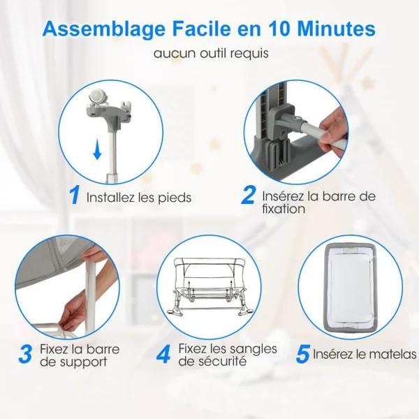3 en 1 Lit Cododo Bébé avec Matelas&5 Hauteur Réglable avec Inclinaison 3-8°4 Roues Charge 9kg pour 0-6 Mois 84x48x80cm Beige/Gris Clair/Foncé