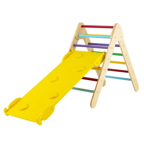 3 en 1 Triangle d'Escalade Enfant en Bois Rampe Double Face à Angle Réglable pour Grimper et Glisser Naturel/Multicolore