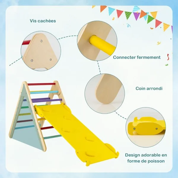 3 en 1 Triangle d'Escalade Enfant en Bois Rampe Double Face à Angle Réglable pour Grimper et Glisser Naturel/Multicolore