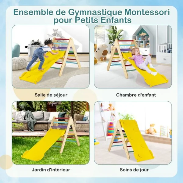 3 en 1 Triangle d'Escalade Enfant en Bois Rampe Double Face à Angle Réglable pour Grimper et Glisser Naturel/Multicolore