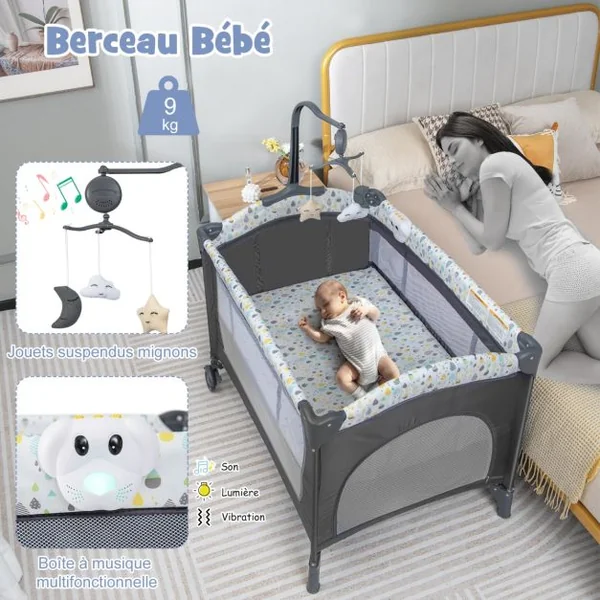 4 en 1 Lit Parapluie Bébé avec Matelas & Table à Langer Lit Bébé Evolutif avec Sac de Transport 102x72cm Charge 9kg pour 0-36 Mois Beige