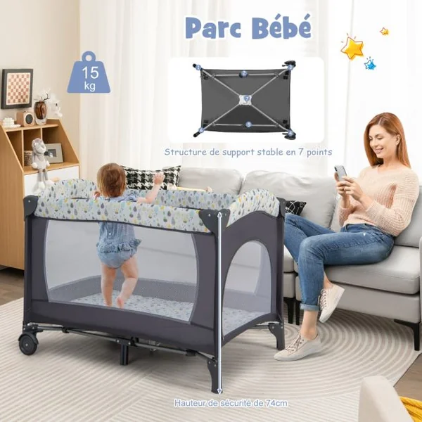 4 en 1 Lit Parapluie Bébé avec Matelas & Table à Langer Lit Bébé Evolutif avec Sac de Transport 102x72cm Charge 9kg pour 0-36 Mois Beige