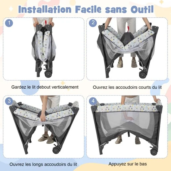 4 en 1 Lit Parapluie Bébé avec Matelas & Table à Langer Lit Bébé Evolutif avec Sac de Transport 102x72cm Charge 9kg pour 0-36 Mois Beige