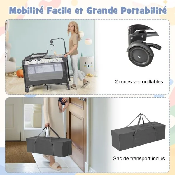 4 en 1 Lit Parapluie Bébé avec Matelas & Table à Langer Lit Bébé Evolutif avec Sac de Transport 102x72cm Charge 9kg pour 0-36 Mois Beige