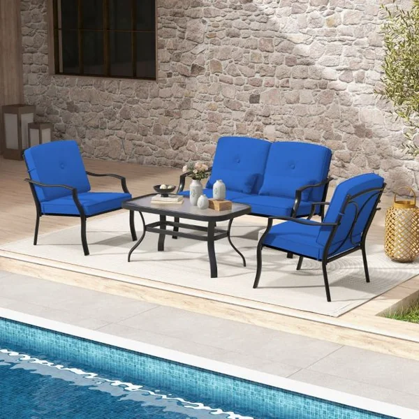 4 Pcs Salon de Jardin en Métal Table Basse en Verre Trempé 2 Chaises Simples Canapé Double 4 Coussins 2 Oreillers Gris/Bleu