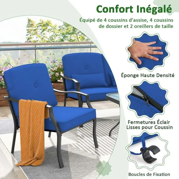 4 Pcs Salon de Jardin en Métal Table Basse en Verre Trempé 2 Chaises Simples Canapé Double 4 Coussins 2 Oreillers Gris/Bleu