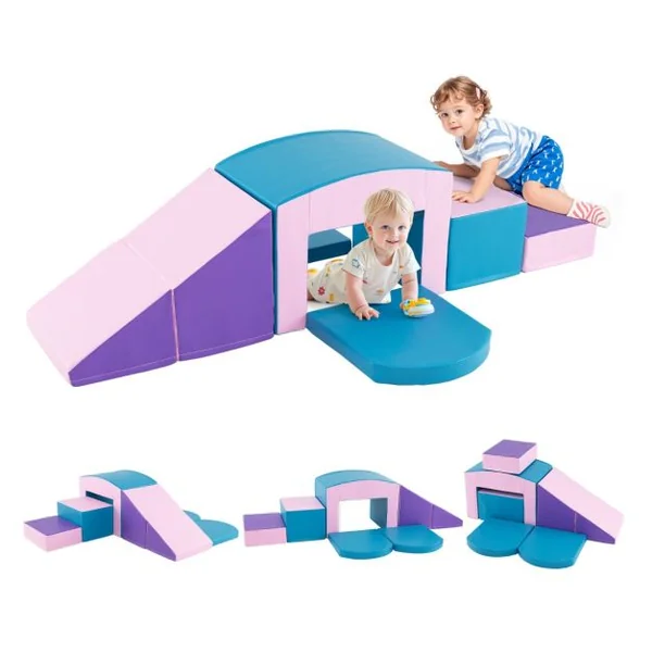 6 Blocs d’Escalade en Mousse Jeu d’Escalade pour Tout-Petits Jeu d’Activité d’Escalade Coloré Tunnel Escaliers et Rampe pour 12+ Mois Coloré/Bleu/Violet