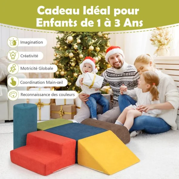 6 Blocs d’Escalade en Mousse pour Tout-petits de 1 à 3 Ans Jouets d’Escalade avec Mousse Haute Densité Douce Housse Lavable 220*25cm Gris/Multicoloré