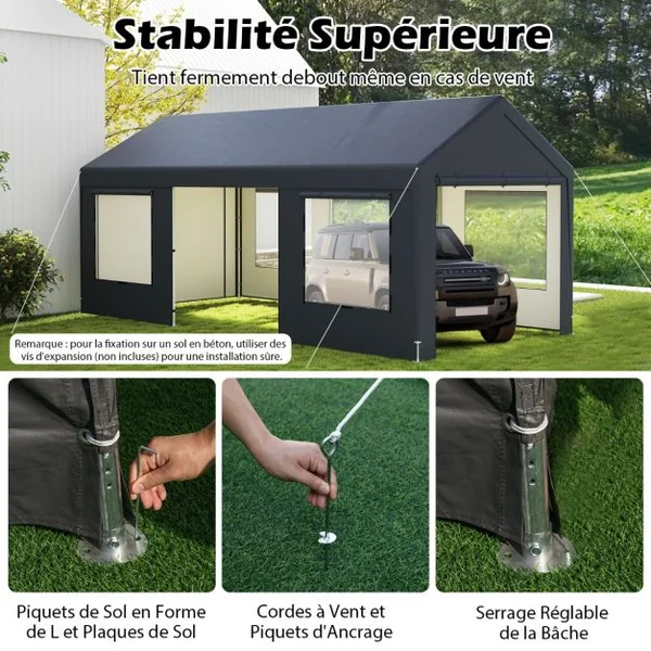 Abri de Voiture 595 x 300 cm Extérieur Tente de Garage avec 8 Parois Latérales Amovibles Portes Enroulables Fenêtres Ventilées Gris