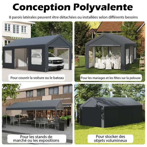 Abri de Voiture 595 x 300 cm Extérieur Tente de Garage avec 8 Parois Latérales Amovibles Portes Enroulables Fenêtres Ventilées Gris