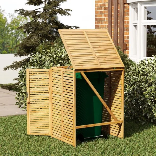 Abri à Poubelle en Bois de 120 L Abri pour Outils d'Extérieur avec Couvercle Ouvrable Doubles Portes Loquet de Verrouillage Naturel