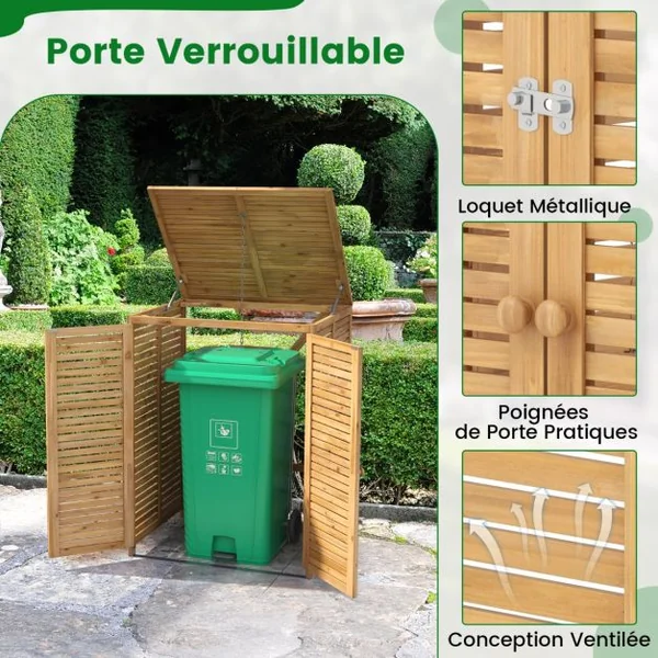 Abri à Poubelle en Bois de 120 L Abri pour Outils d'Extérieur avec Couvercle Ouvrable Doubles Portes Loquet de Verrouillage Naturel