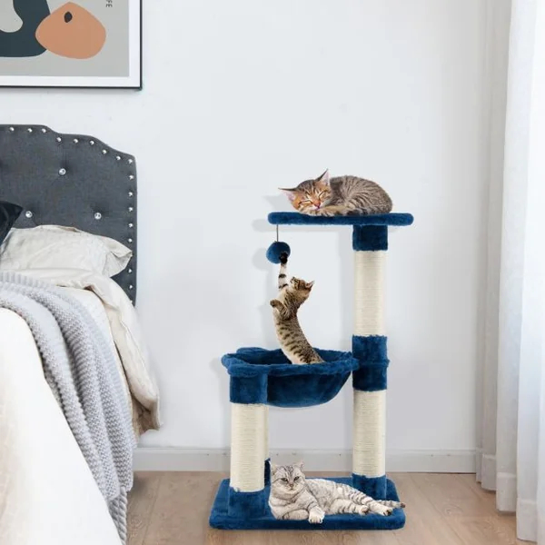 Arbre à Chat avec Griffoir de Sisal Hamac Confortable Balle Suspendue à Jouer Grande Plate-forme 40 x 40 x 64cm Gris/Bleu Marine