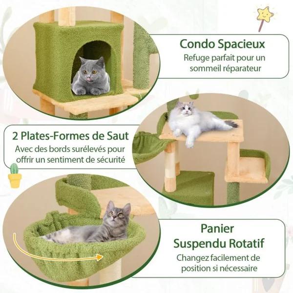 Arbre à Chat Cactus 160 CM d'Intérieur Tour pour Chat Multi-niveaux avec Poteaux à Griffer en Sisal et Planche Condo Perchoirs Rembourrés