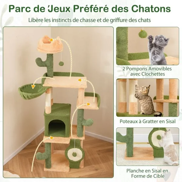 Arbre à Chat Cactus 160 CM d'Intérieur Tour pour Chat Multi-niveaux avec Poteaux à Griffer en Sisal et Planche Condo Perchoirs Rembourrés