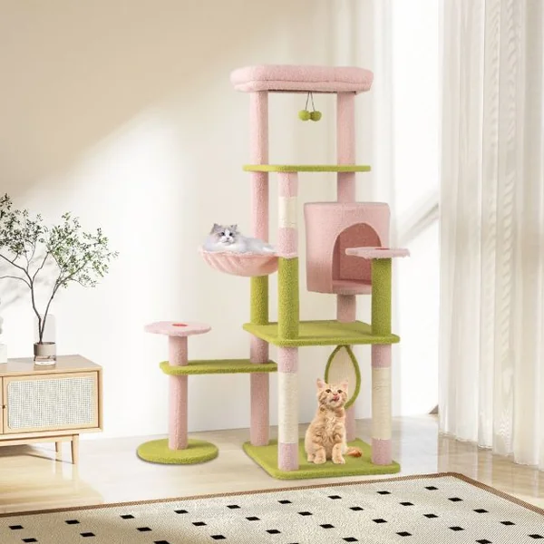 Arbre à Chat de 148 cm de Hauteur Tour pour Chat Esthétique à Plusieurs Niveaux avec Perchoir Supérieur Rembourré Rose