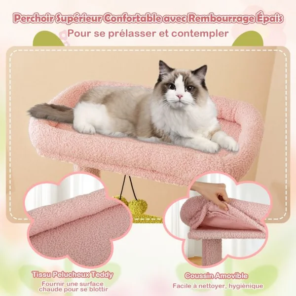 Arbre à Chat de 148 cm de Hauteur Tour pour Chat Esthétique à Plusieurs Niveaux avec Perchoir Supérieur Rembourré Rose