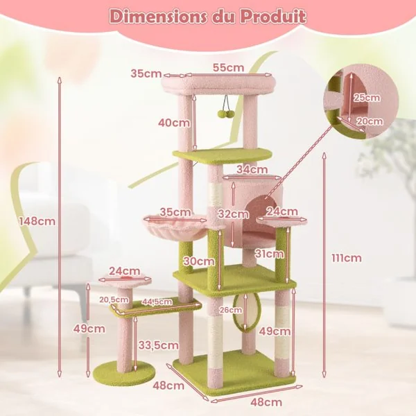 Arbre à Chat de 148 cm de Hauteur Tour pour Chat Esthétique à Plusieurs Niveaux avec Perchoir Supérieur Rembourré Rose