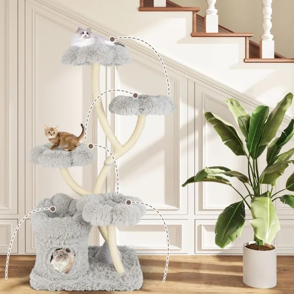 Arbre à Chat de 165 CM Tour à Chat d'Escalade avec 4 Plateformes Rembourrée Poteaux de Grattage en Sisal Niche Privée Blanc/Gris