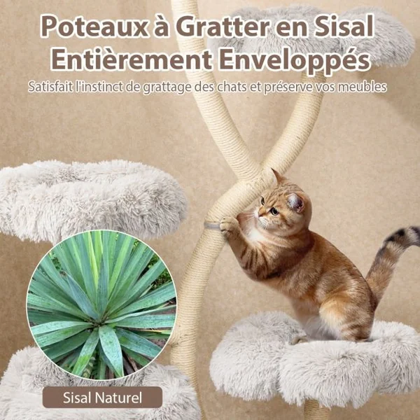 Arbre à Chat de 165 CM Tour à Chat d'Escalade avec 4 Plateformes Rembourrée Poteaux de Grattage en Sisal Niche Privée Blanc/Gris