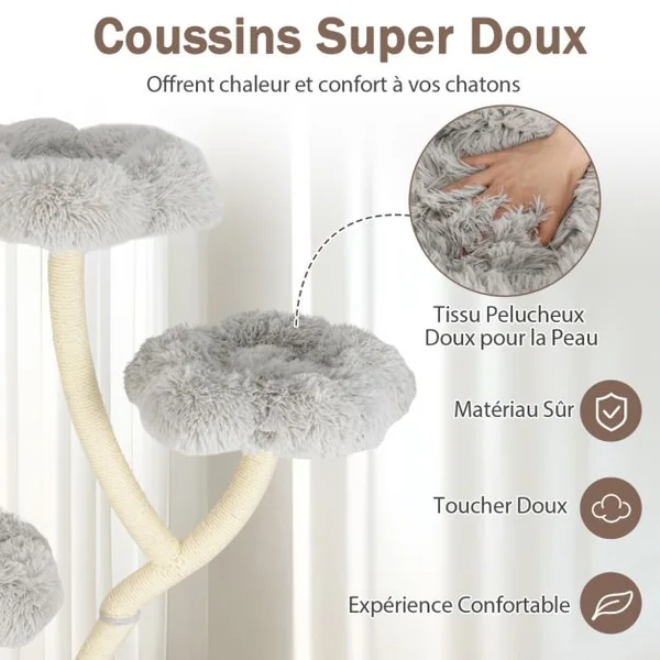 Arbre à Chat de 165 CM Tour à Chat d'Escalade avec 4 Plateformes Rembourrée Poteaux de Grattage en Sisal Niche Privée Blanc/Gris