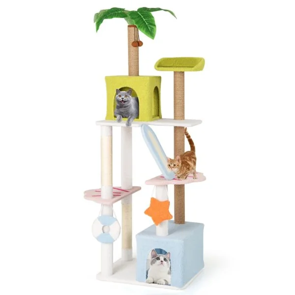 Arbre à Chat de 180 CM sur Plusieurs Niveaux avec 2 Condos Perchoir Poteaux à Gratter en Sisal et Jute Plante Artificielle Coloré