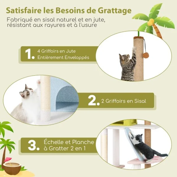 Arbre à Chat de 180 CM sur Plusieurs Niveaux avec 2 Condos Perchoir Poteaux à Gratter en Sisal et Jute Plante Artificielle Coloré