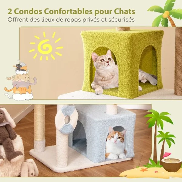 Arbre à Chat de 180 CM sur Plusieurs Niveaux avec 2 Condos Perchoir Poteaux à Gratter en Sisal et Jute Plante Artificielle Coloré