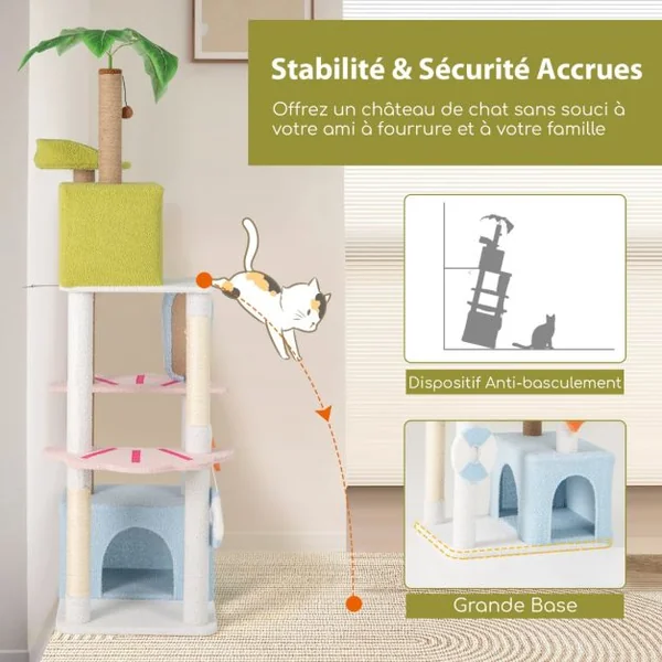 Arbre à Chat de 180 CM sur Plusieurs Niveaux avec 2 Condos Perchoir Poteaux à Gratter en Sisal et Jute Plante Artificielle Coloré